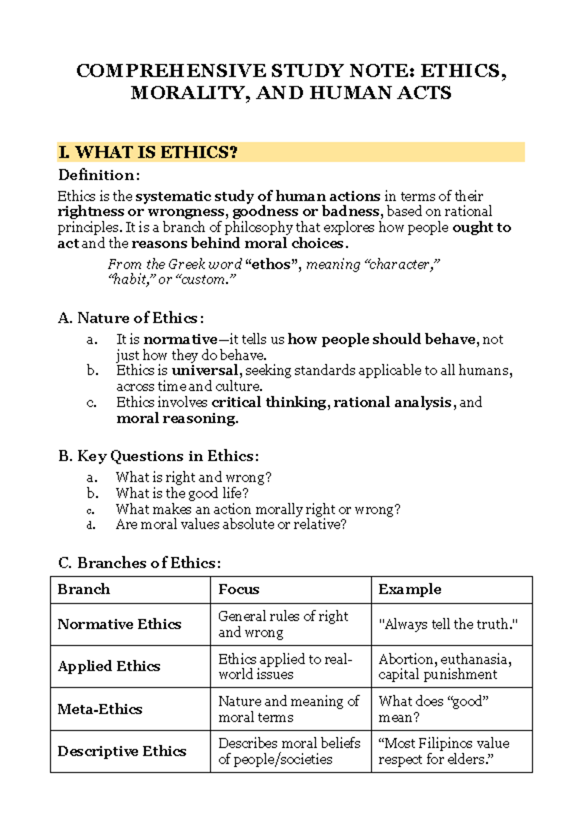 Comprehensive Study Notes: Ethics, Morality, and Human Acts - Studocu