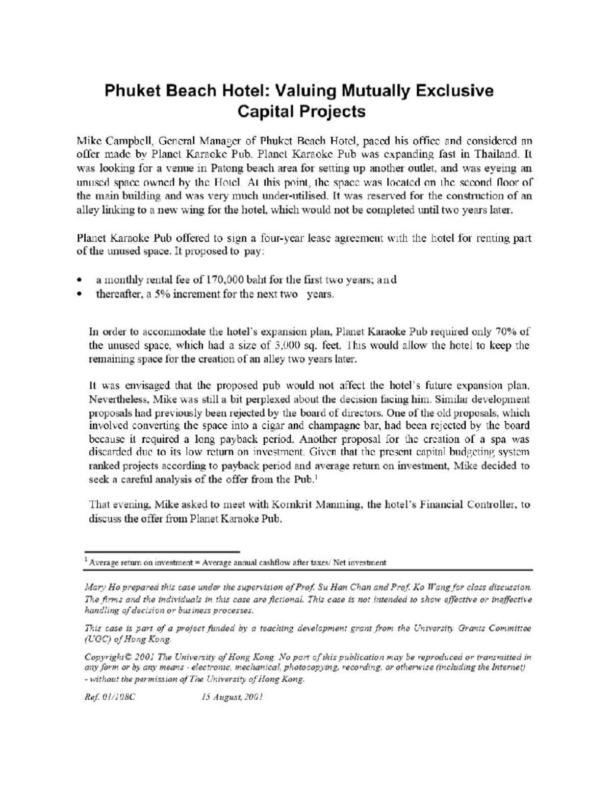 Case Study 2: Evaluating Capital Projects at Phuket Beach Hotel - Studocu