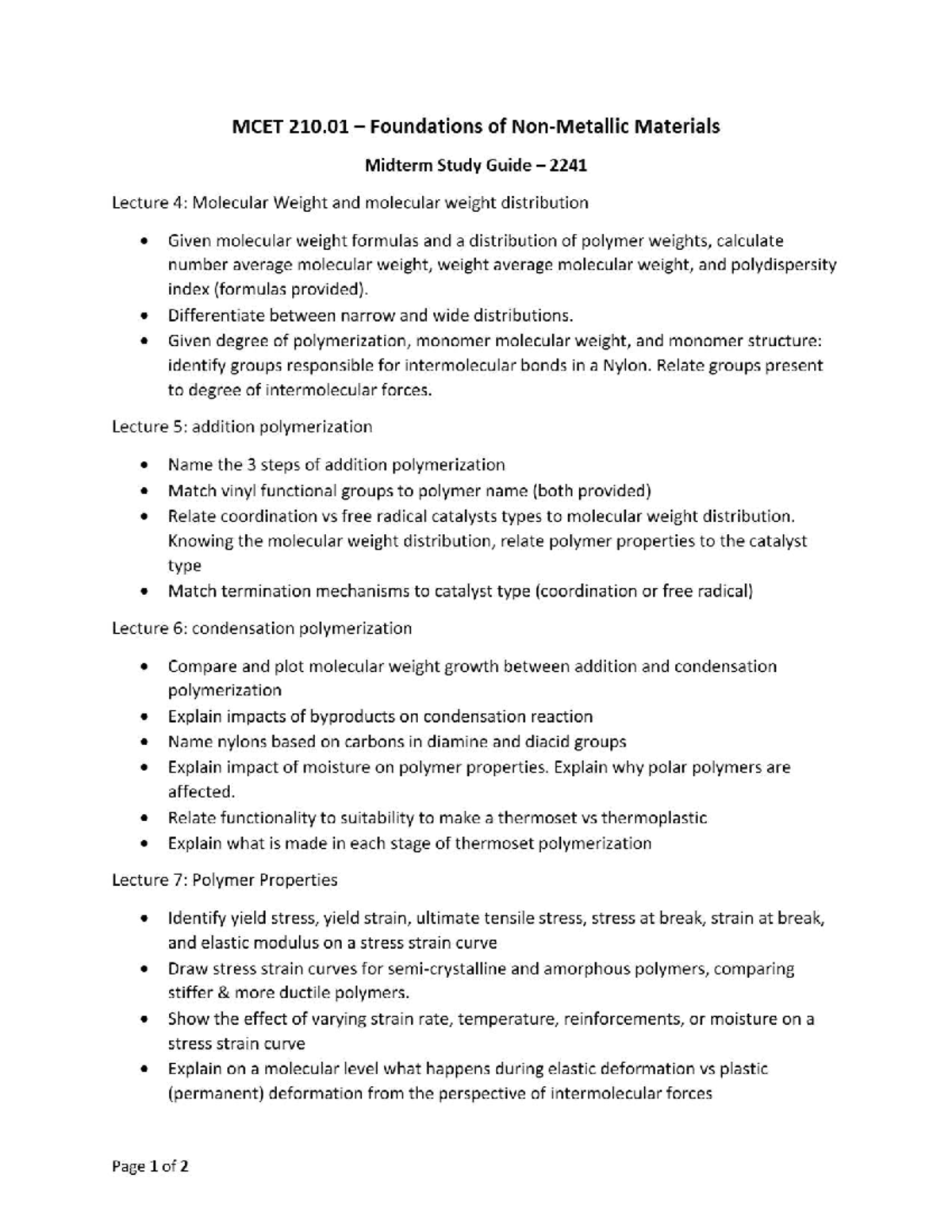 Midterm Study Guide for MCET 210.01: Foundations of Materials - Studocu