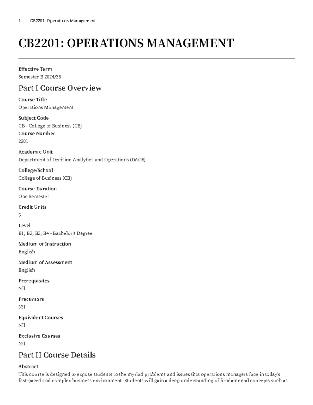 CB2201: Operations Management Course Outline and Overview - Studocu