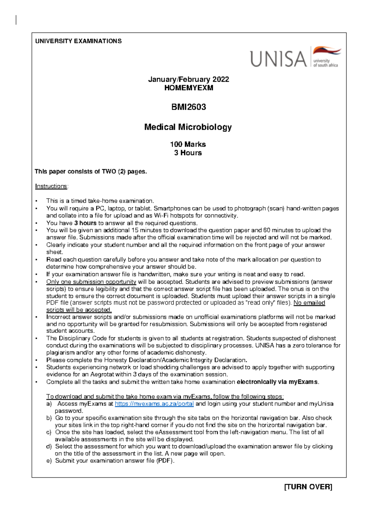 BMI2603 2022 Supplementary Take-Home Exam Instructions (Jan-Feb) - Studocu