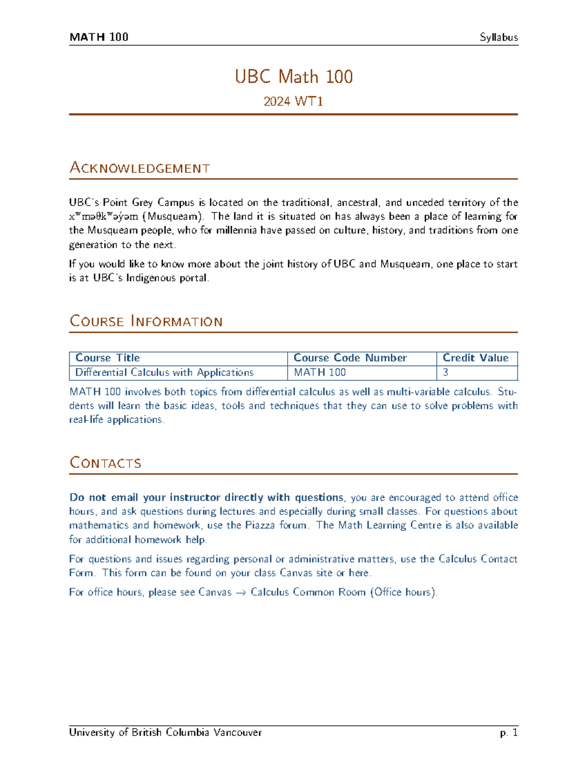 MATH 100 - 2024W1 Differential Calculus Syllabus Overview - Studocu