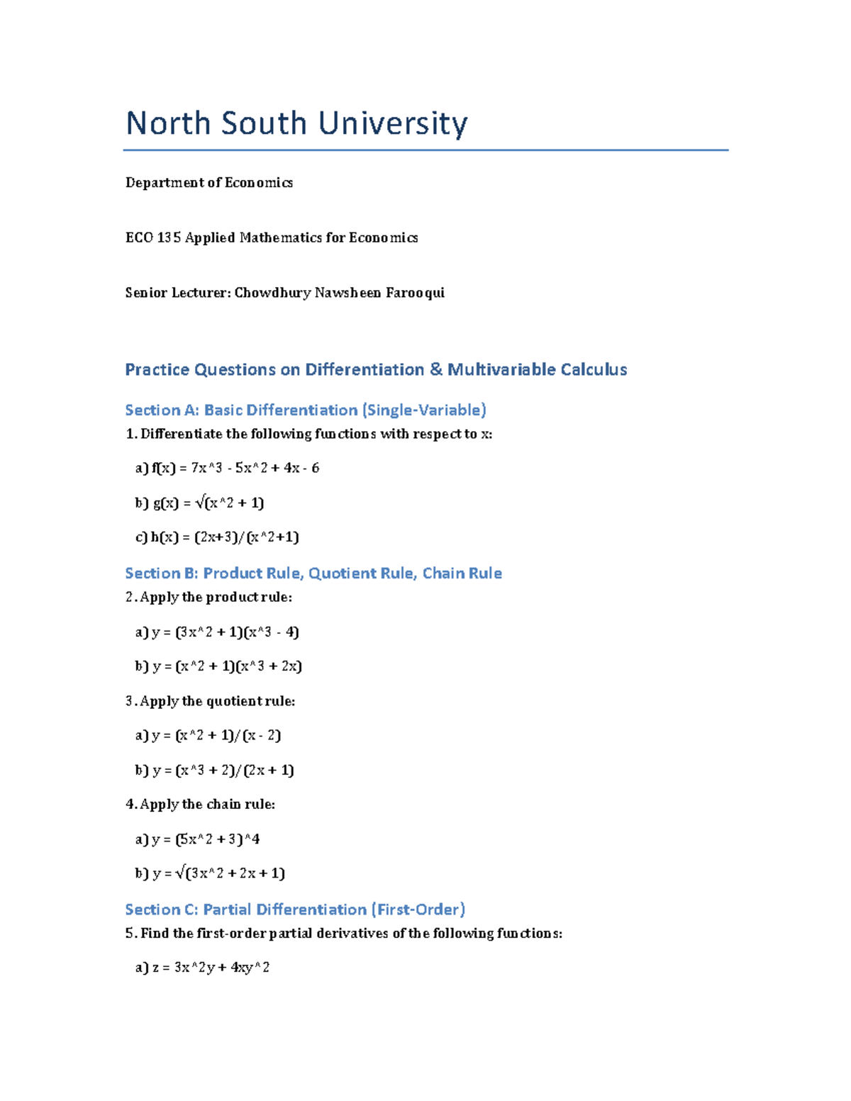 ECO 135 Differentiation Practice Worksheet for Multivariable Calculus ...