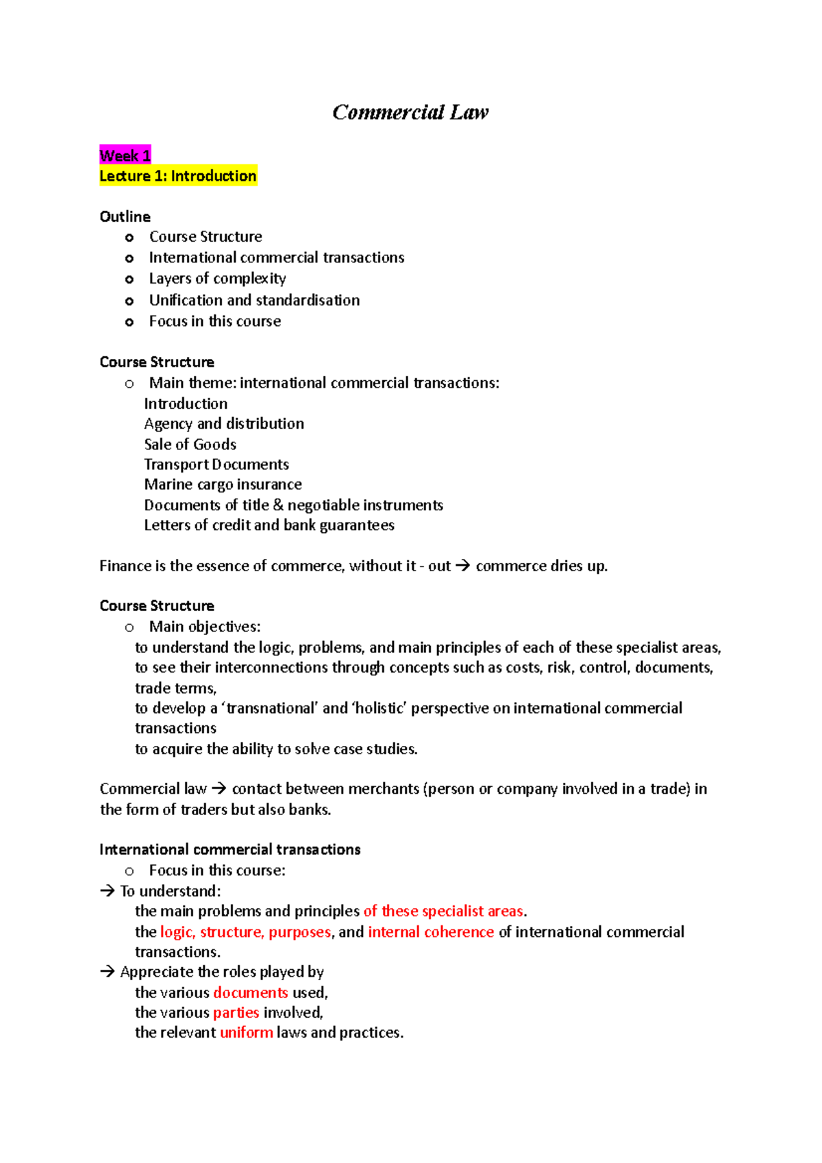 Commercial Law Notes - Week 1-3 Overview and Key Concepts - Studeersnel