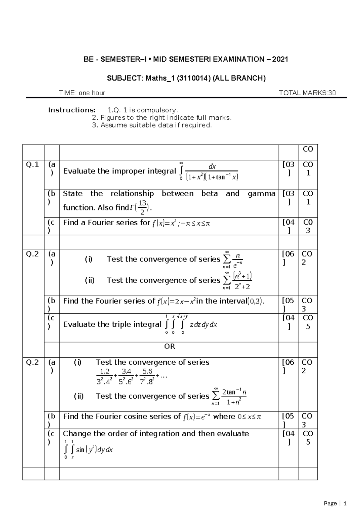 Maths 1 (3110014) MID SEMESTER EXAMINATION 2021 - Studocu