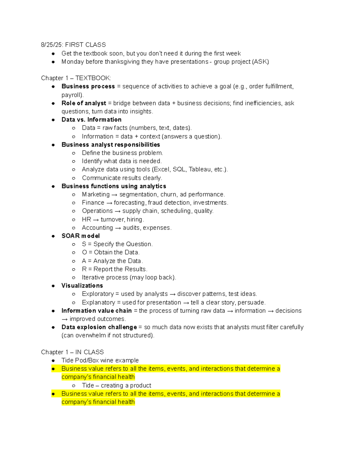 Business Analytics (BA 101) Lecture Notes: Key Concepts & Insights ...