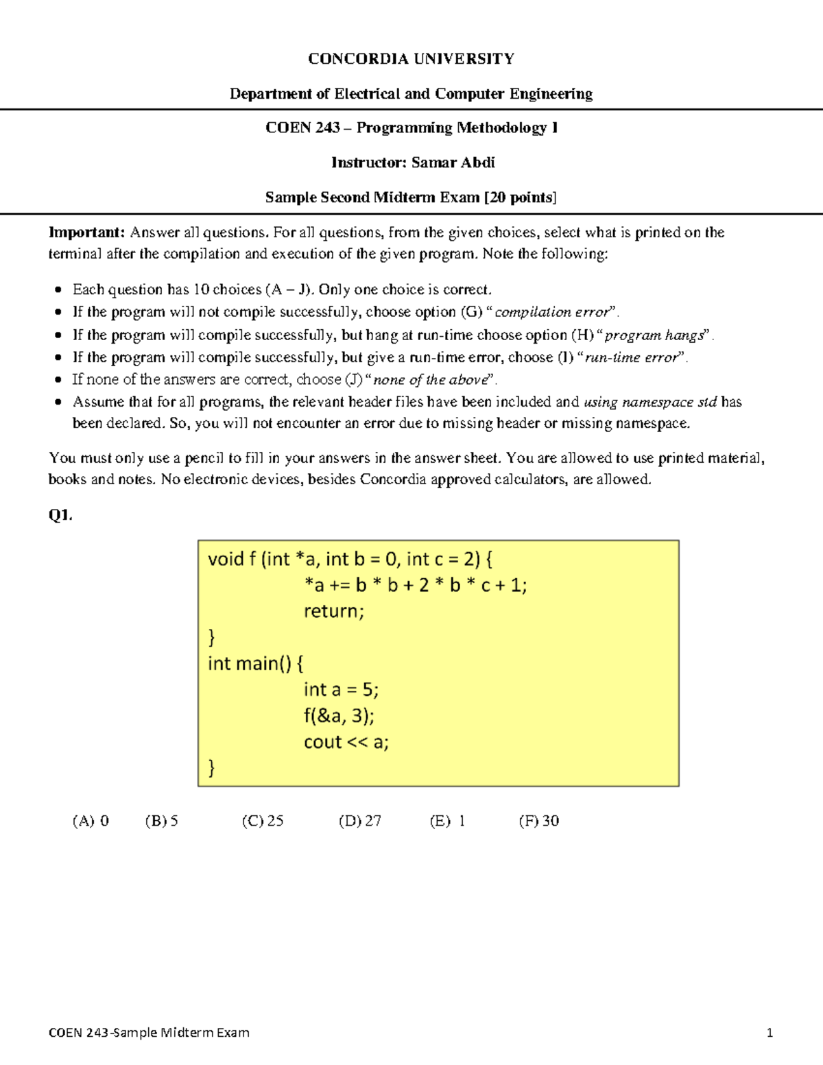 COEN 243 Midterm Sample Exam 2 - Programming Methodology I - Studocu