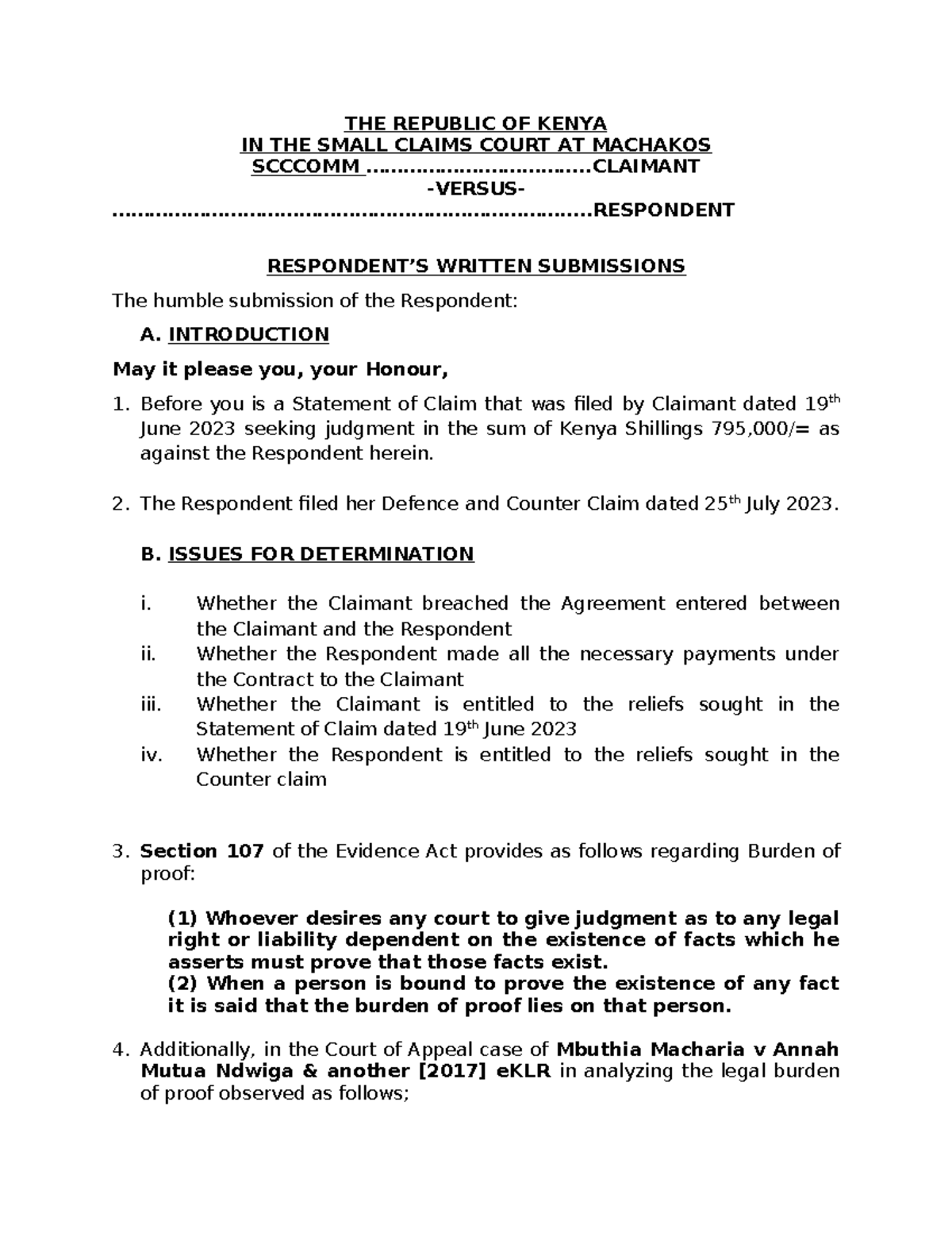 SCCCOMM Written Submissions for Respondent in Small Claims Court - Studocu