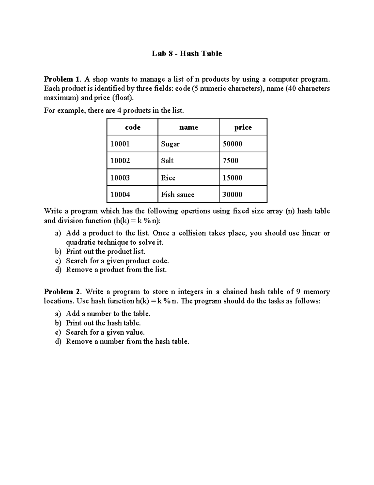 Lab 08 - Hash Table Implementation and Operations Guide - Studocu