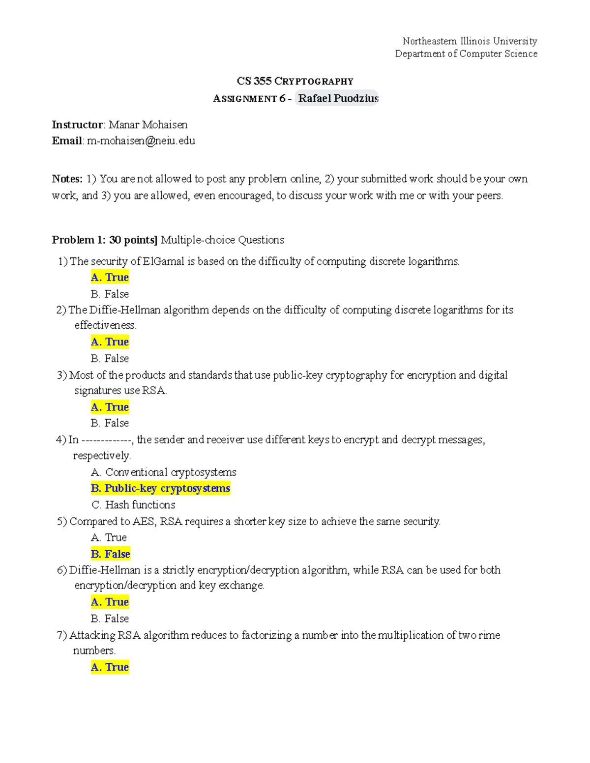 CS 355 Cryptography - Assignment 6 Problem Set Analysis by Rafael ...