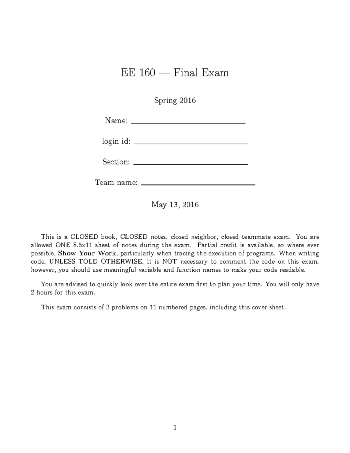 EE 160 Final Exam Study Guide - Spring 2016 Preparation Notes - Studocu