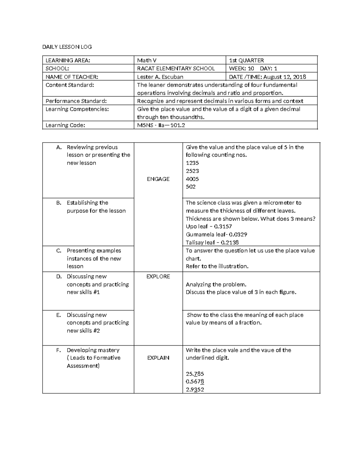 M5NS - IIa—101: Lesson Plan on Adding & Subtracting Decimals - Studocu