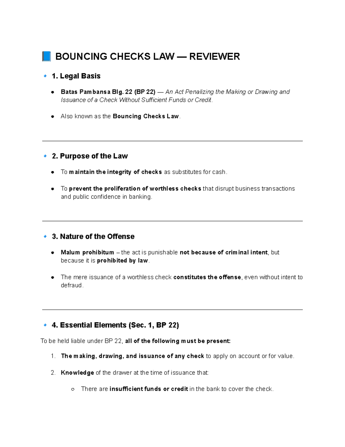 BOUNCING CHECKS LAW REVIEWER (BP 22) - Key Points & Guidelines - Studocu