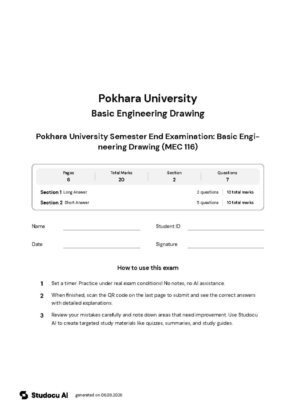 Pokhara University MEC 116 Final Exam: Basic Engineering Drawing - Studocu