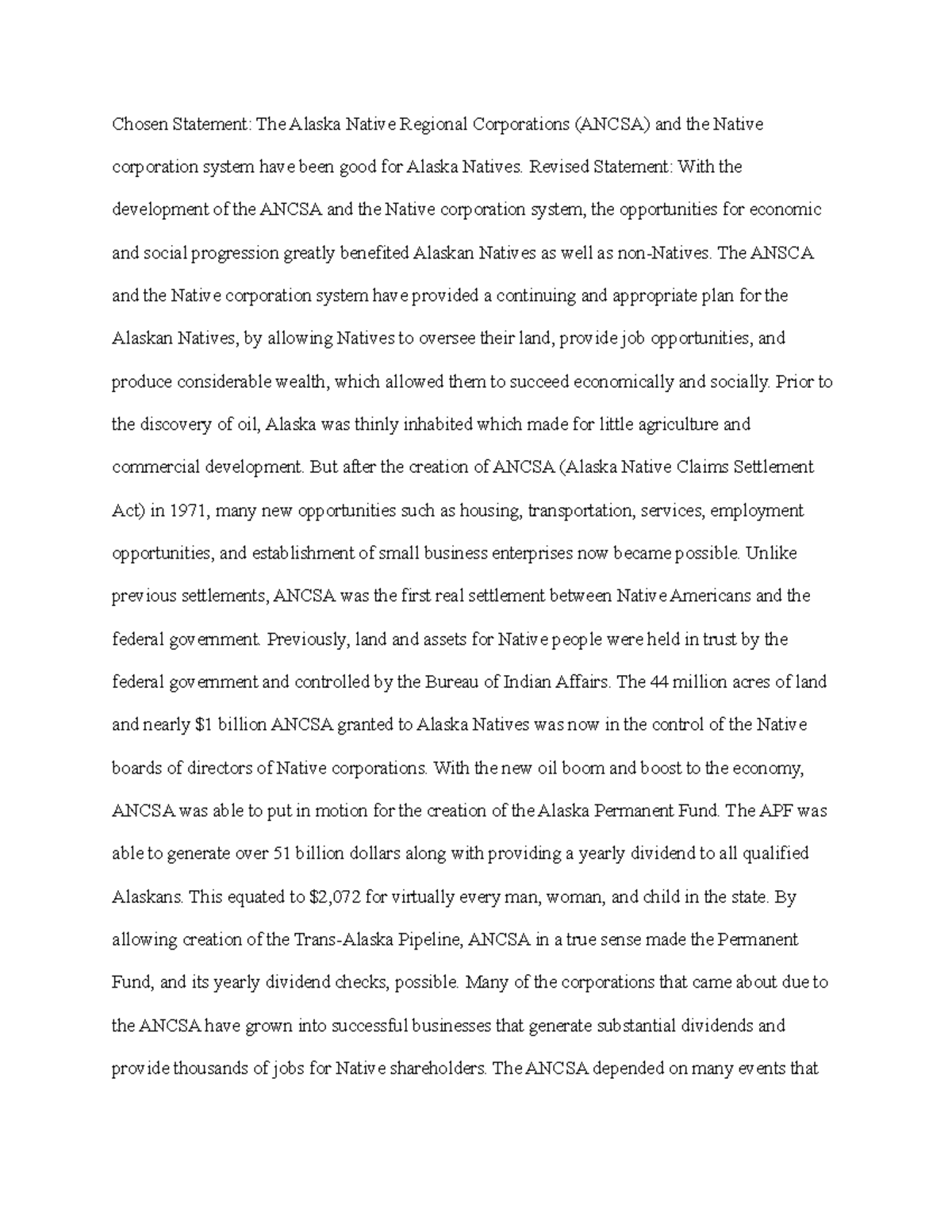 HIS 200 Discussion 8: Economic Impacts of ANCSA on Alaskan Natives ...