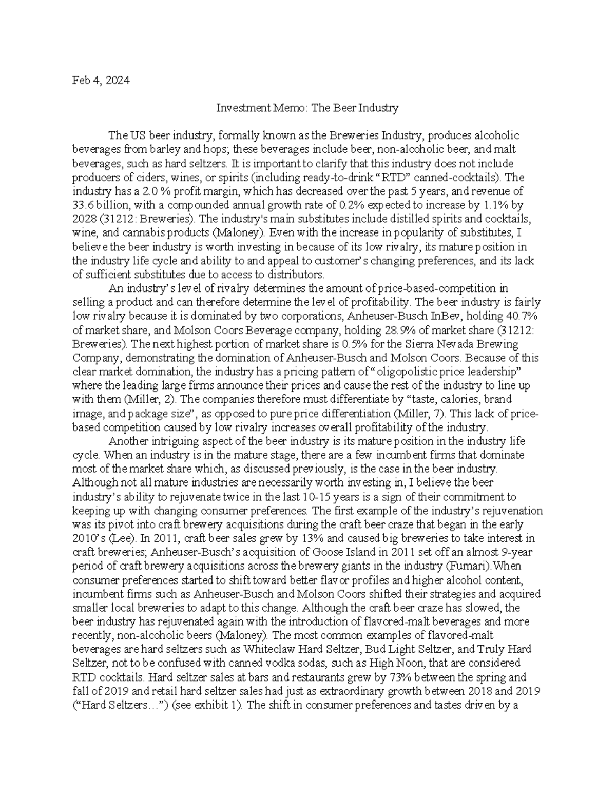 31212: Beer Industry Case Study - Investment Memo Analysis - Studocu