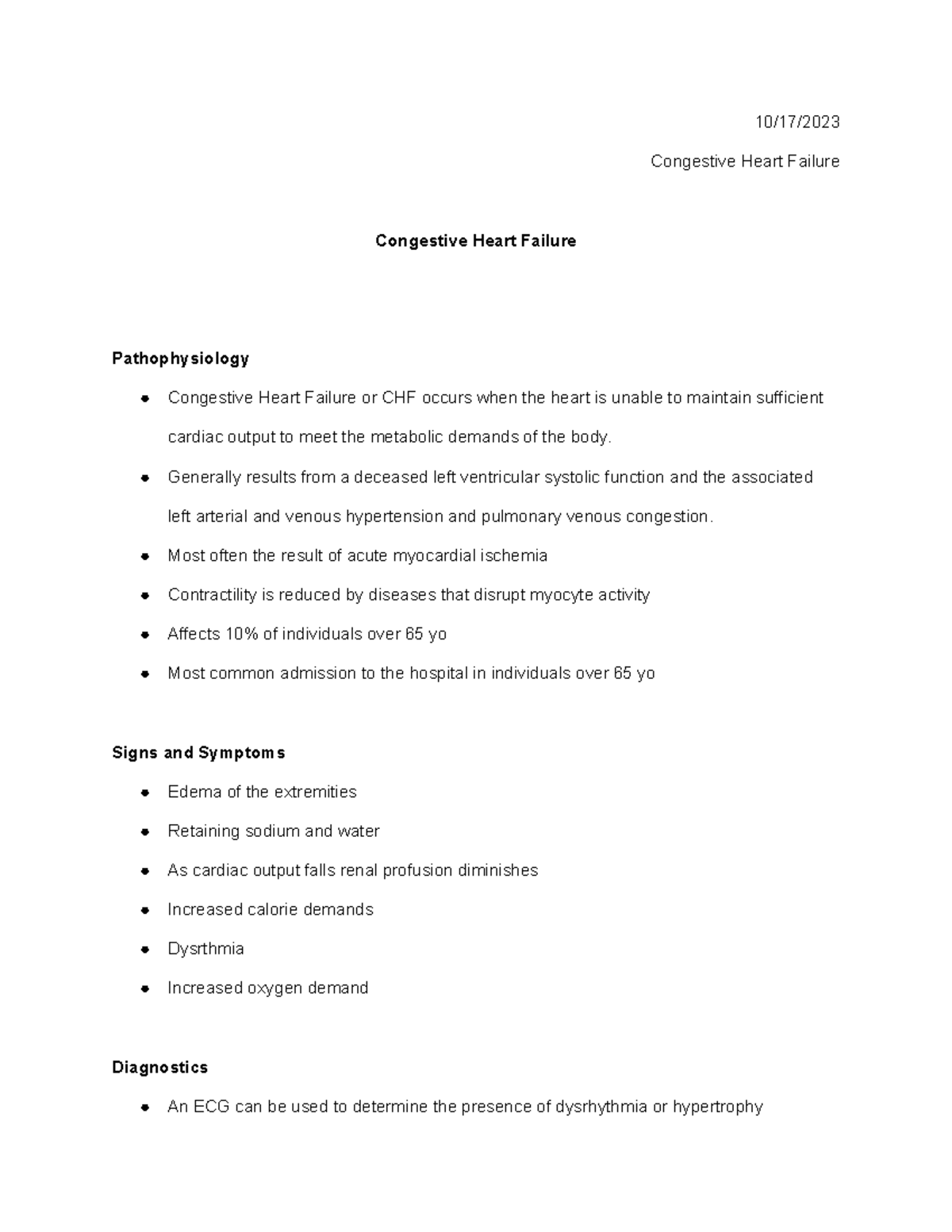 Patho CHF - Notes of CHF - 10/17/ Congestive Heart Failure Congestive ...