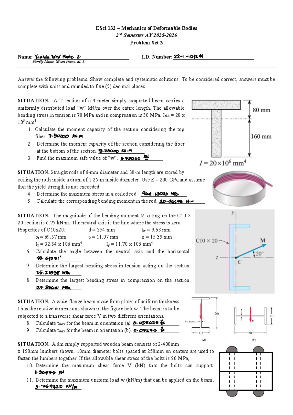 ESci 132 Problem Set 3 - Stresses in Beams Analysis - Studocu