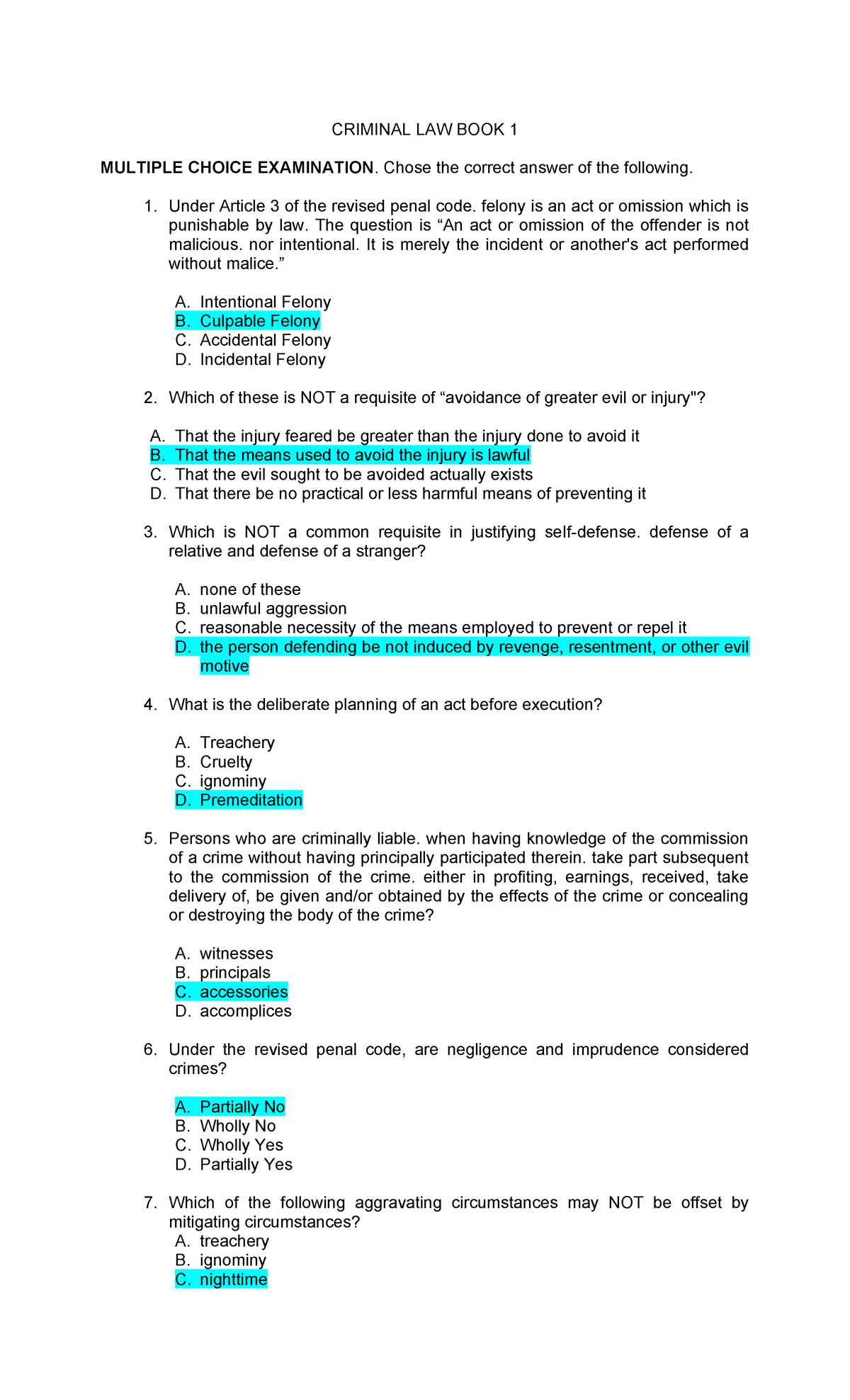 CRIM LAW 1 MOCK Board Exam Review Questions and Answers - Studocu