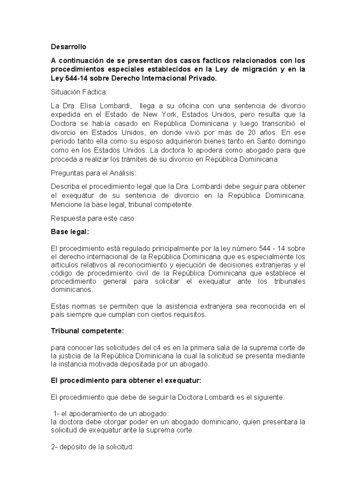 Desarrollo de Exequátur en RD: Caso de la Dra. Lombardi - Studocu