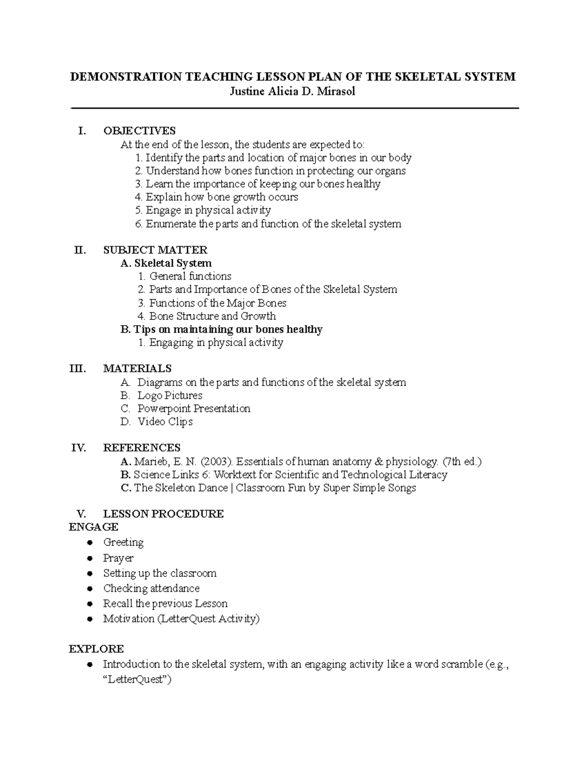 Mirasol, JD Skeletal System Brief LP BMD 4-3 - DEMONSTRATION TEACHING ...