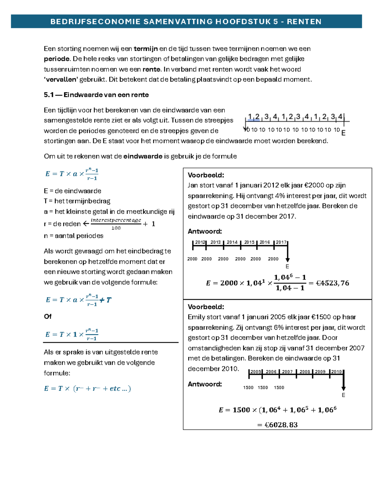 BEDRIJFSECONOMIE SAMENVATTING HOOFDSTUK 5: RENTEN EN EINDWAARDE ...