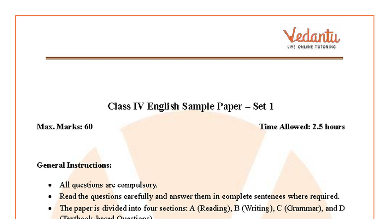 CBSE Class 4 English Sample Paper Set 1 - Max Marks: 60 - Studocu