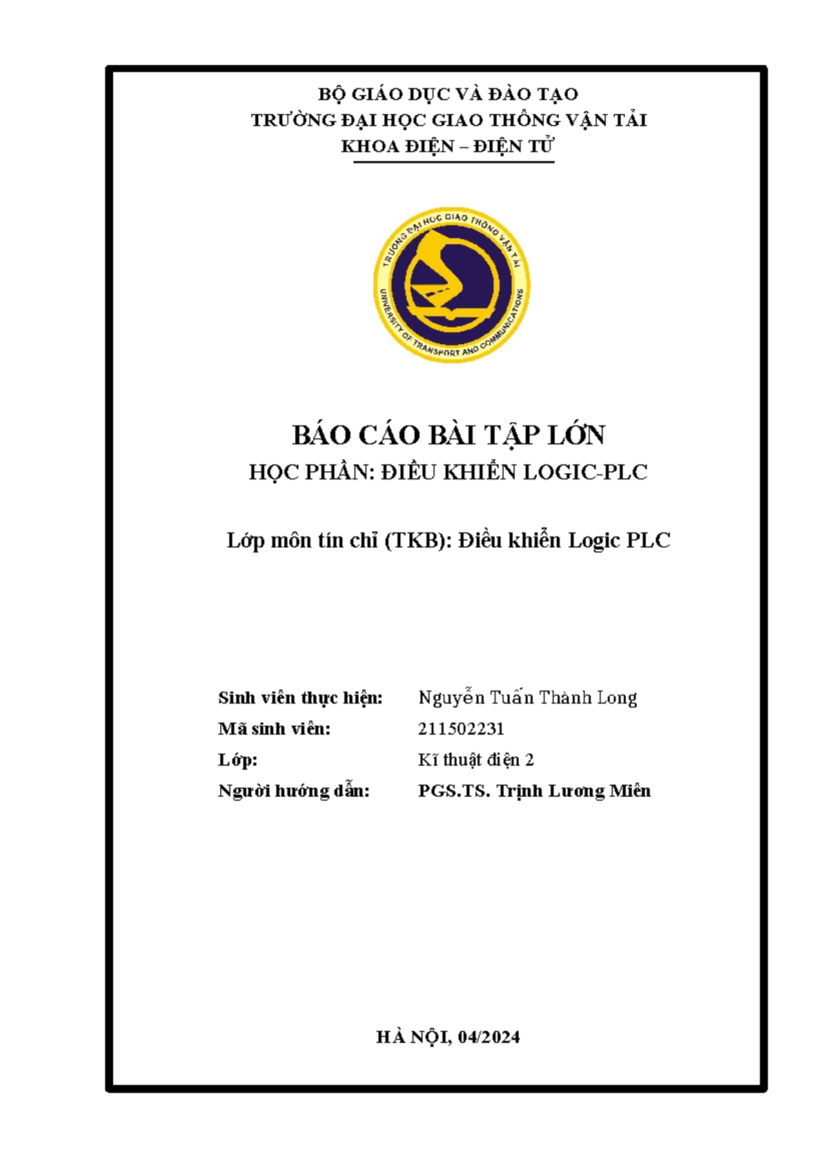 BÀI TẬP LỚN HỌC PHẦN ĐIỀU KHIỂN LOGIC PLC - Document Preview