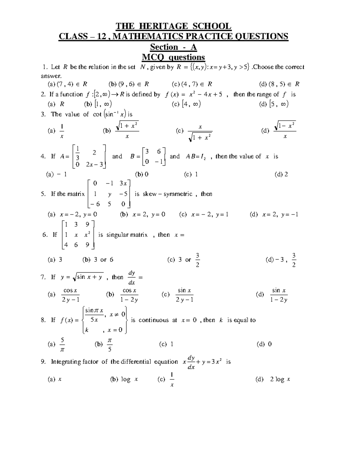 Class 12 Mathematics Practice Questions: MCQs and Short Answers - Studocu