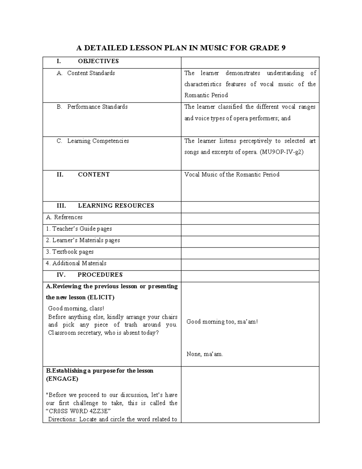 Detailed Lesson Plan in Music 9: Exploring Romantic Vocal Music - Studocu