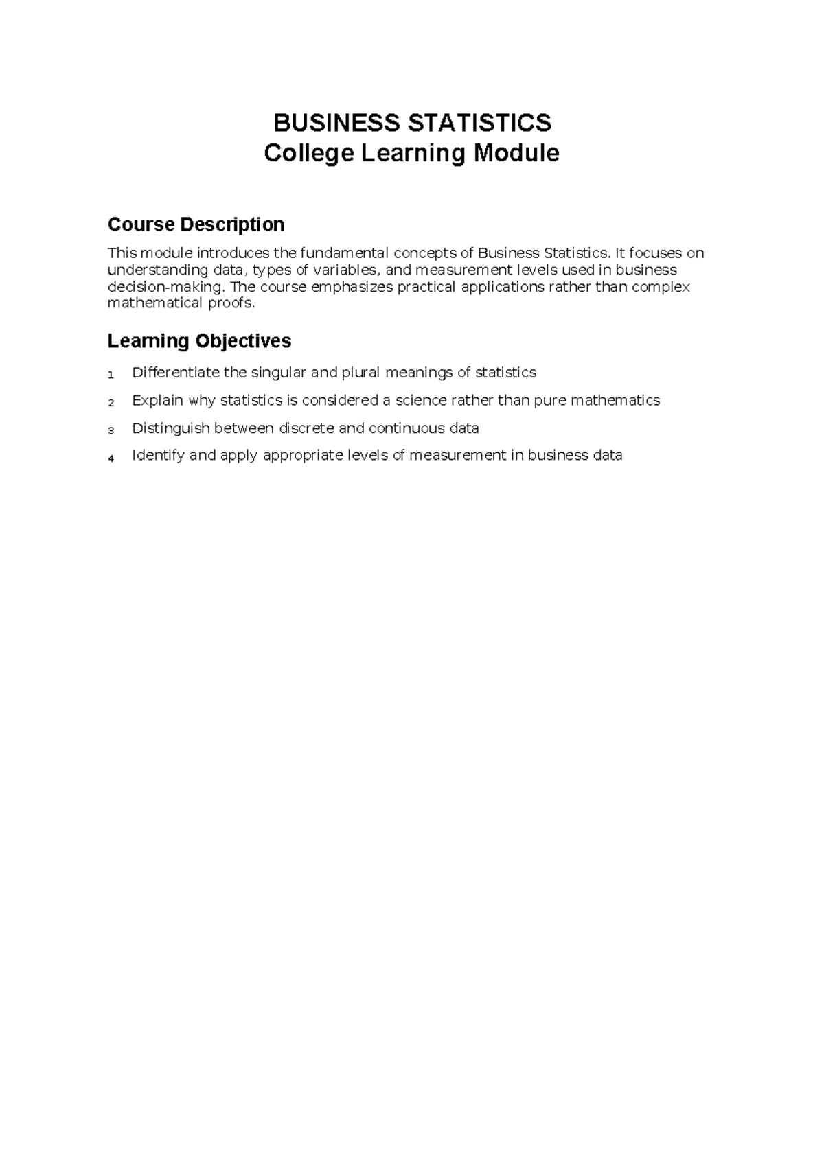 BUSINESS STATISTICS (BS101) Learning Module Overview - Studocu