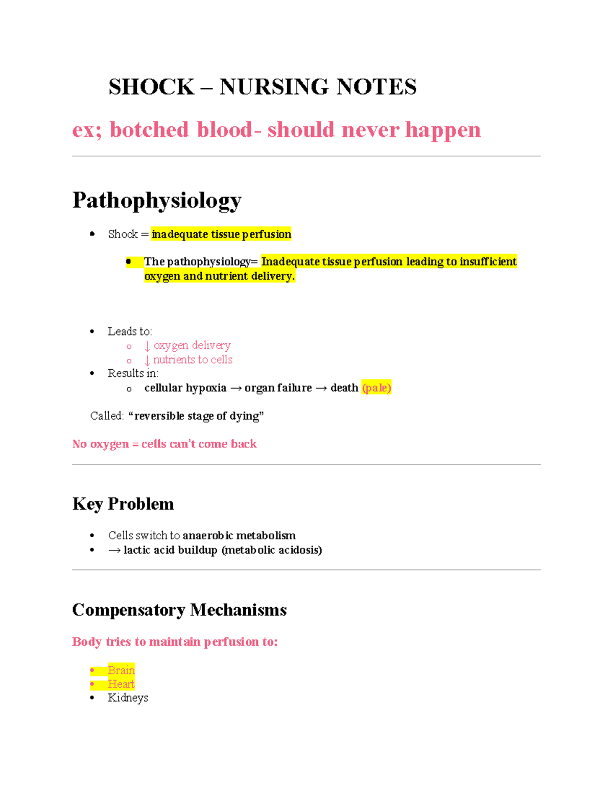 NURS 301: Shock Nursing Notes - Pathophysiology & Management Review ...