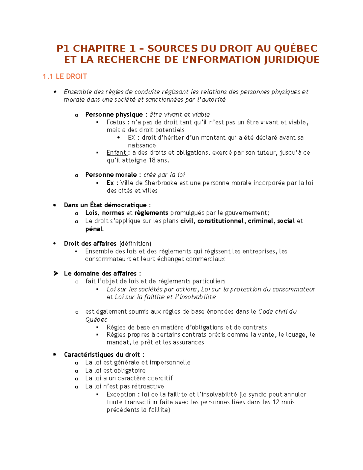 Droit des affaires - P1 CHAPITRE 1 – SOURCES DU DROIT AU QUÉBEC ET LA ...