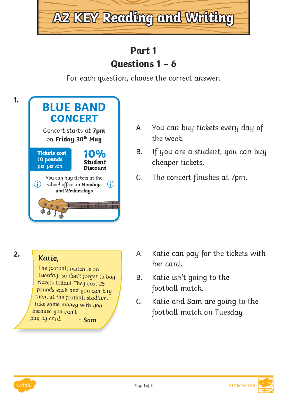 A2 KEY Reading & Writing - Part 1 Practice Questions and Answers - Studocu
