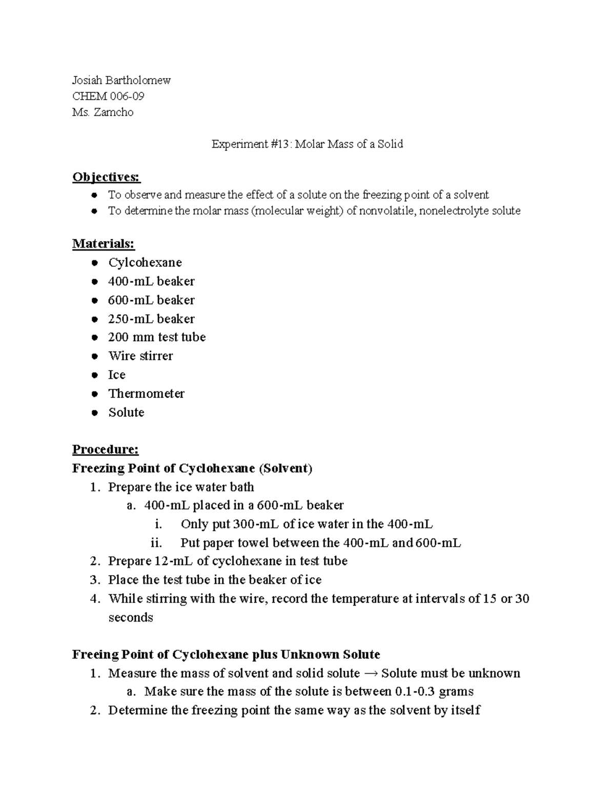 CHEM Lab Report #3: Molar Mass Determination of a Solid - Studocu
