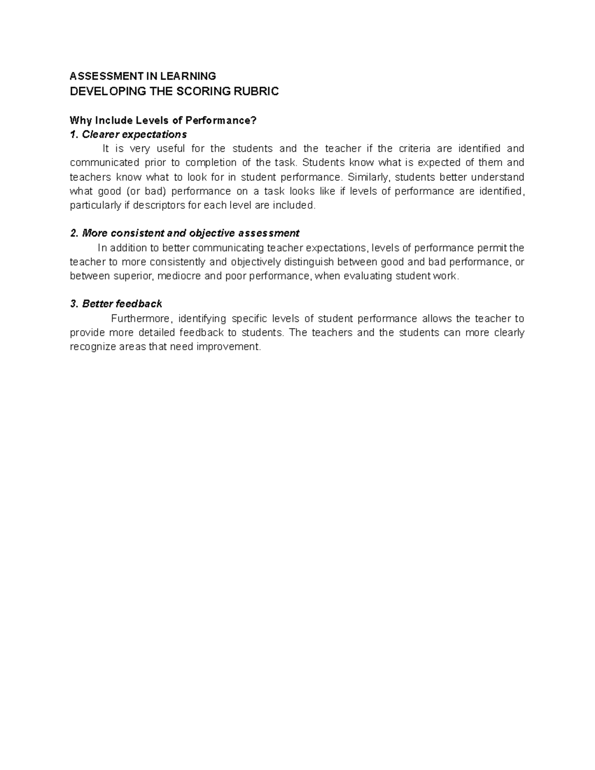 EDUC 101: Developing Scoring Rubrics & Levels of Performance in ...