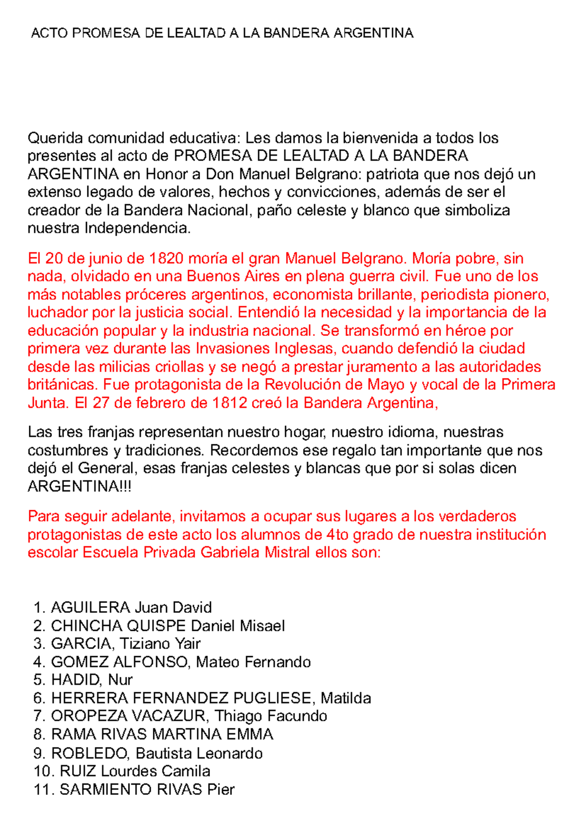 ACTO PROMESA DE LEALTAD A LA BANDERA ARGENTINA - 4to Grado 2024 - Studocu