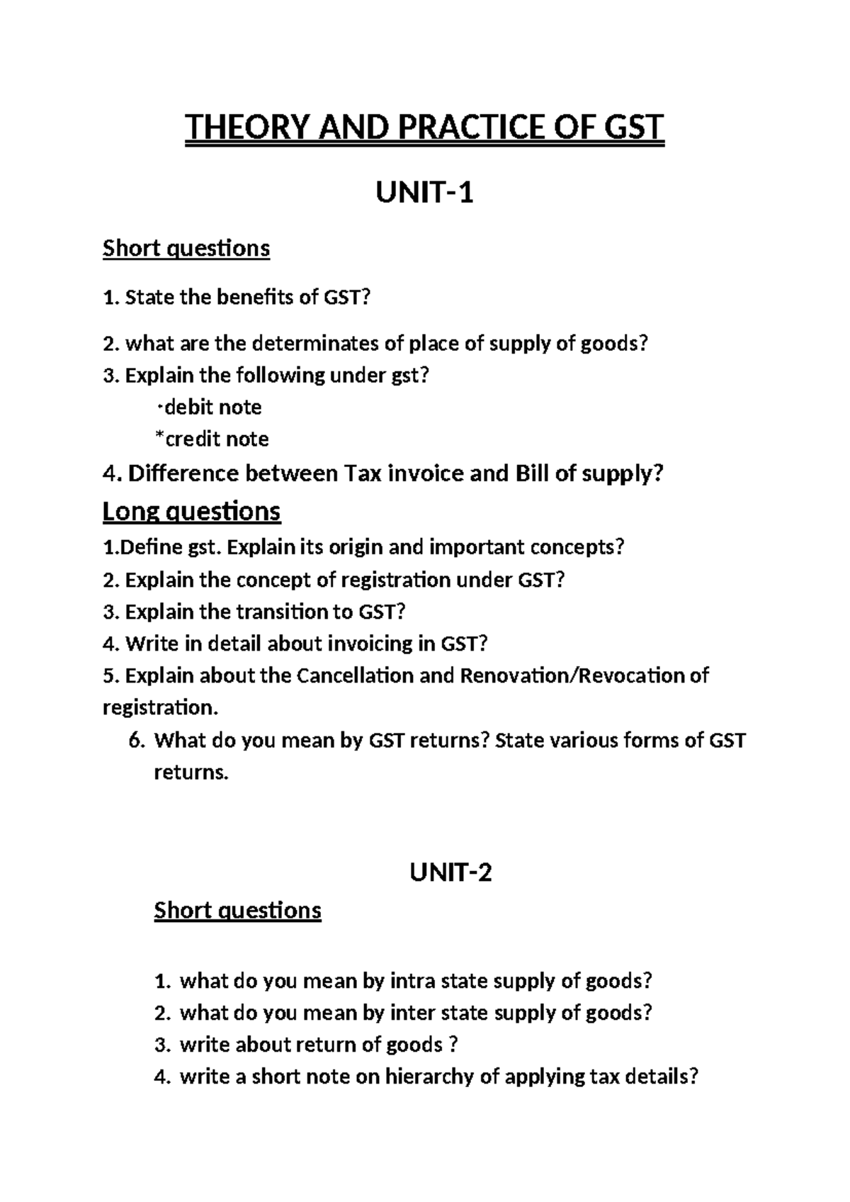 GST Theory and Practice: Important Questions and Answers - Studocu