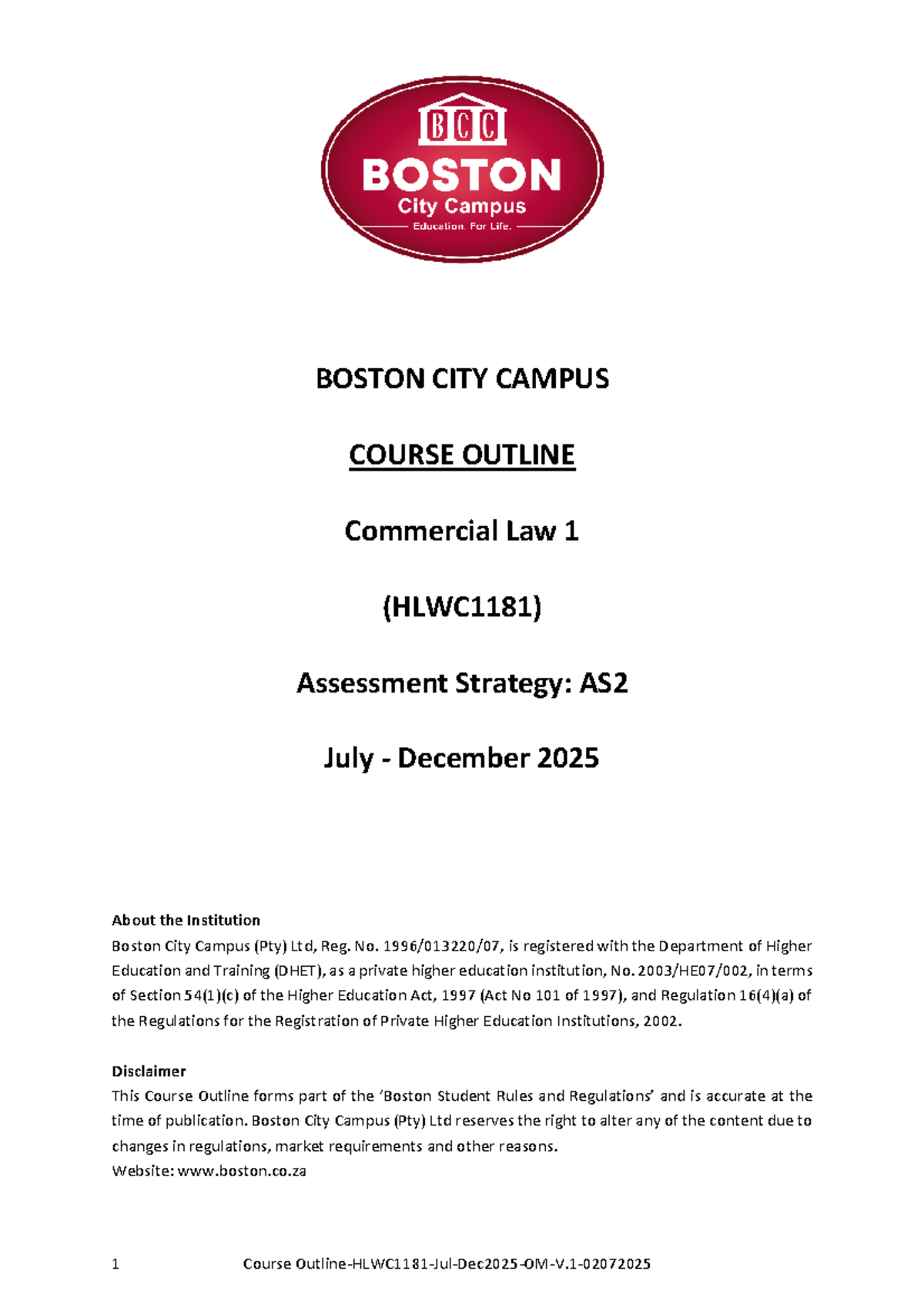 Course Outline for Commercial Law 1 (HLWC1181) - Jul-Dec 2025 - Studocu
