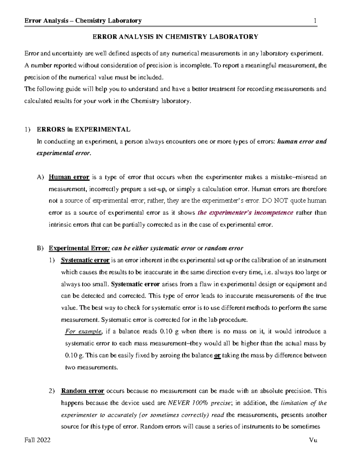 Error Analysis A22 - ERROR ANALYSIS IN CHEMISTRY LABORATORY Error and ...