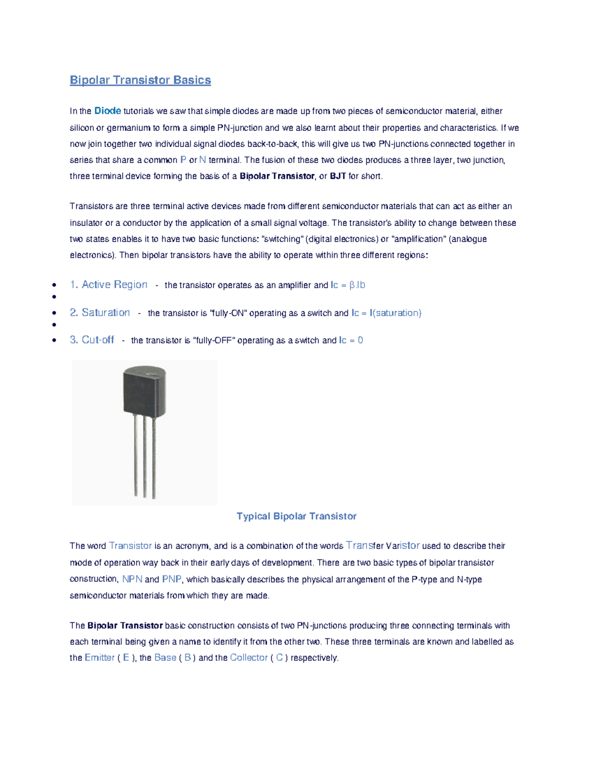 Transistor Basics-1 - Bipolar Transistor Basics In the Diode tutorials ...