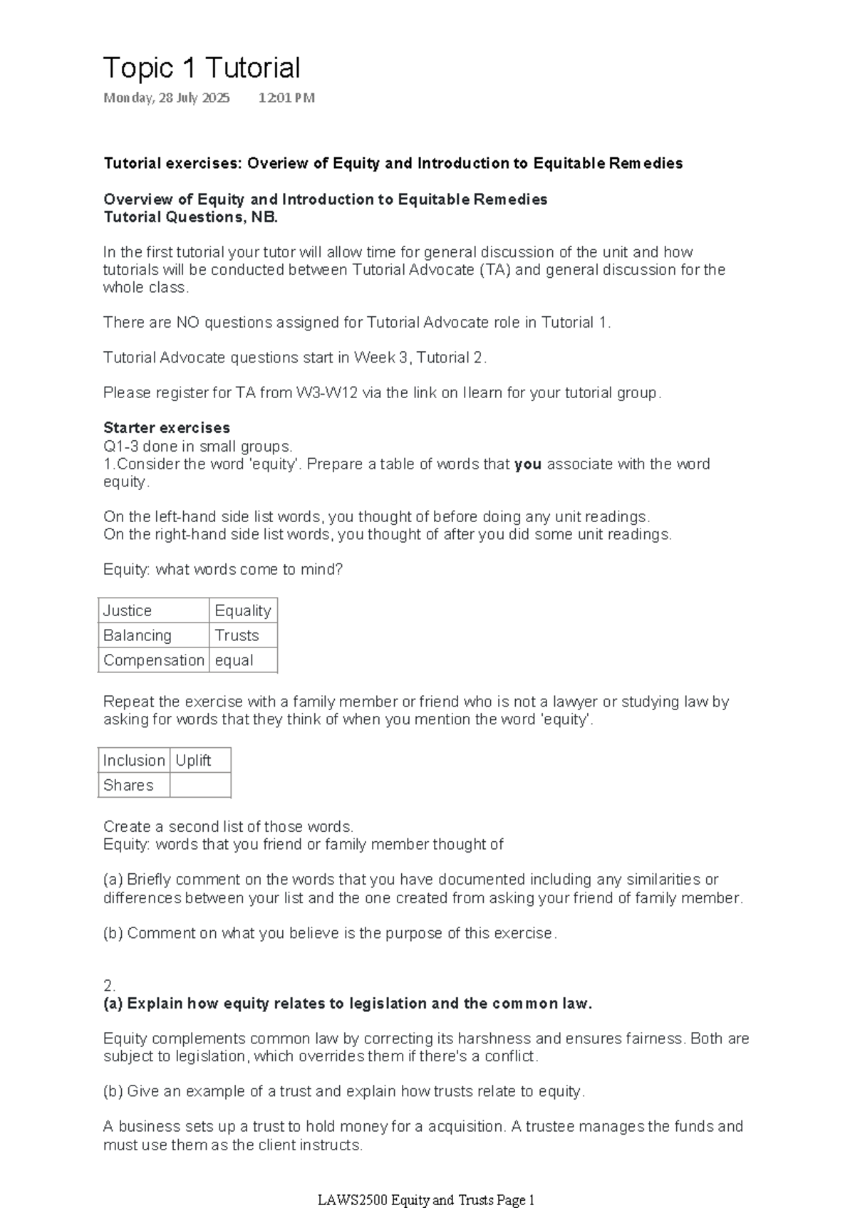 LAWS2500 Topic 1 Tutorial: Overview of Equity & Equitable Remedies ...
