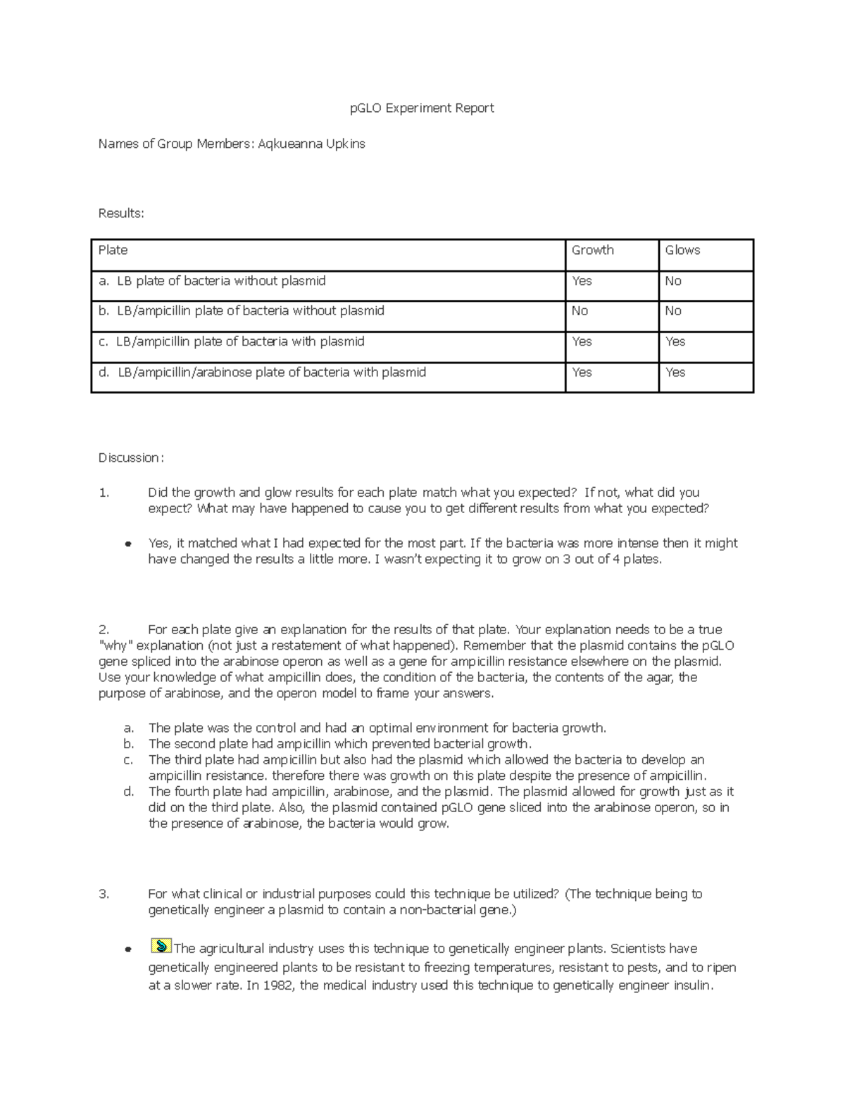 pGLO Experiment Report Analysis and Findings - BIOL 2117 - Studocu