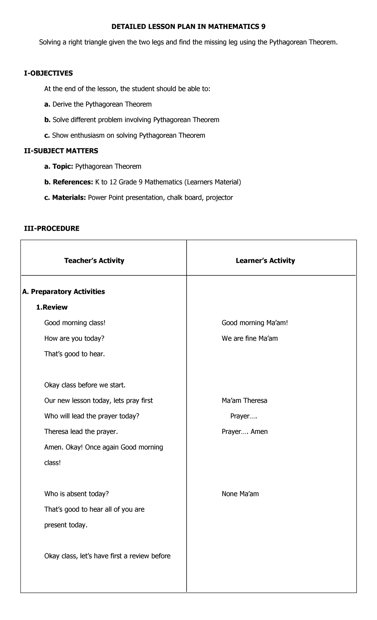 Mathematics 9 Lesson Plan: Solving Right Triangles with Pythagorean ...