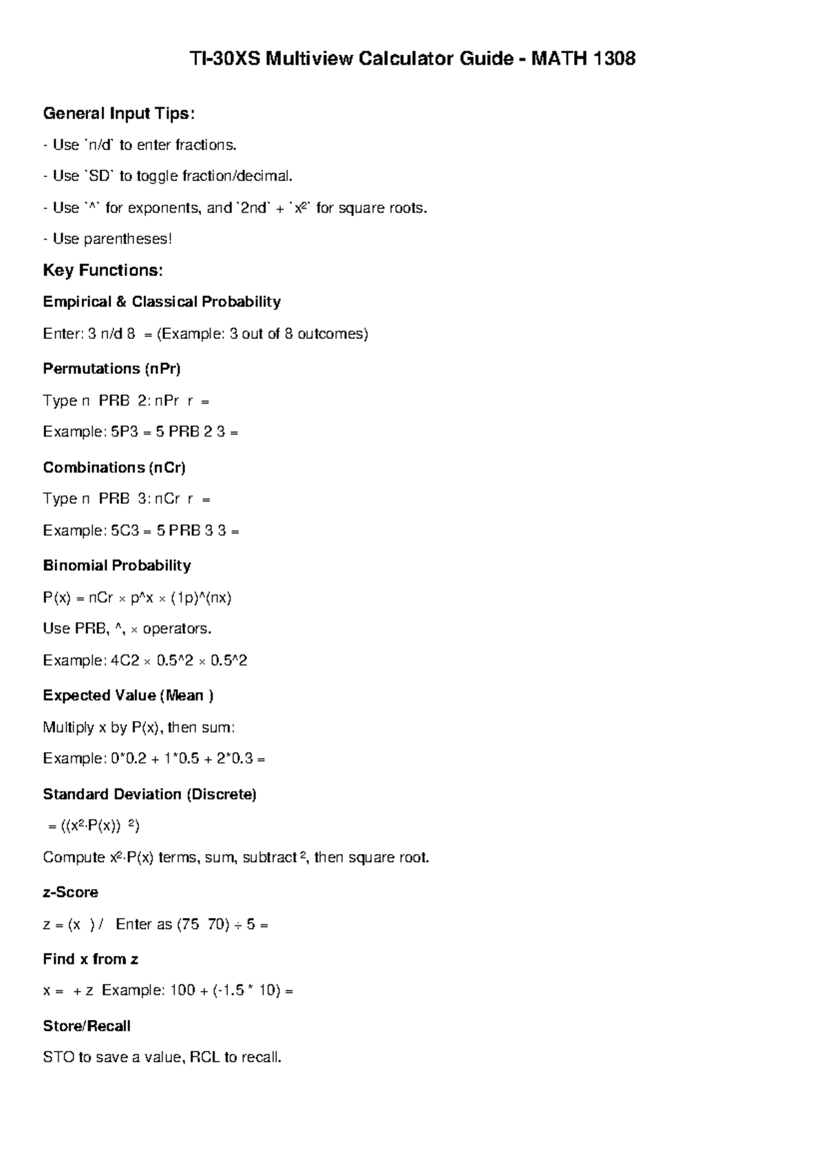 MATH 1308 Multiview Calculator Guide: Key Functions & Examples - Studocu