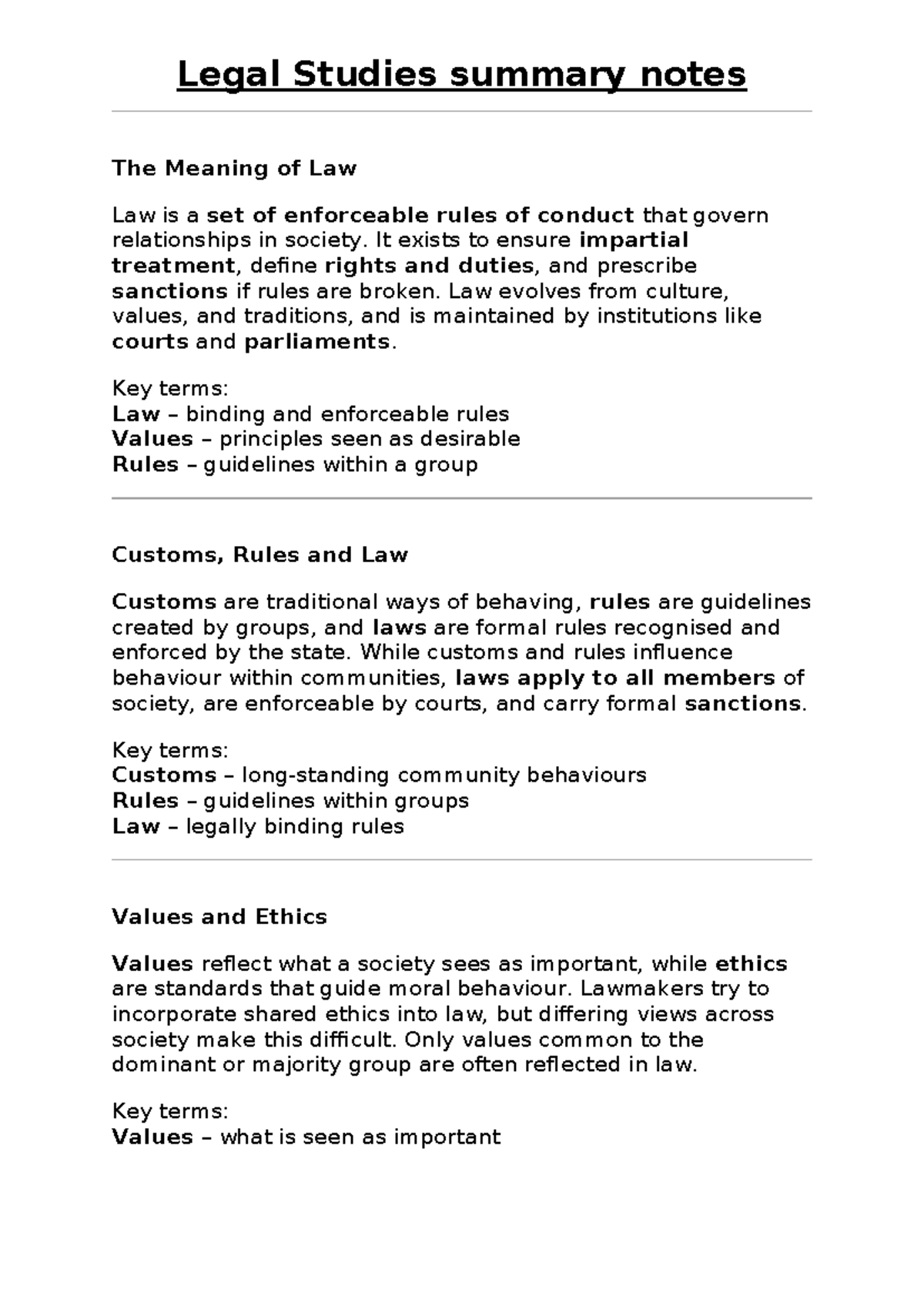 Legal Studies Summary Notes: The Meaning of Law and Justice - Studocu