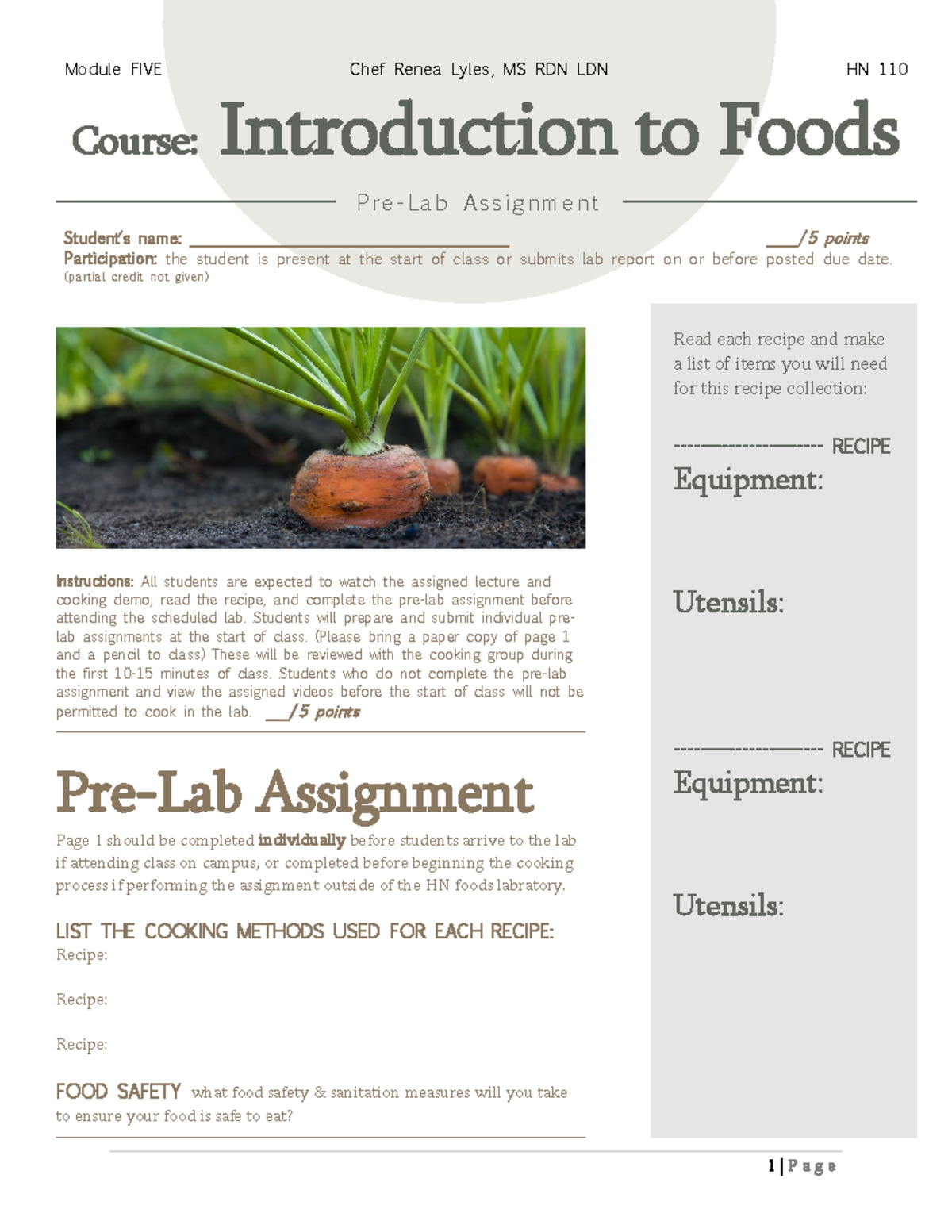 Module 5 HN 110 Lab Assignment: Cooking Methods & Recipe Prep - Studocu