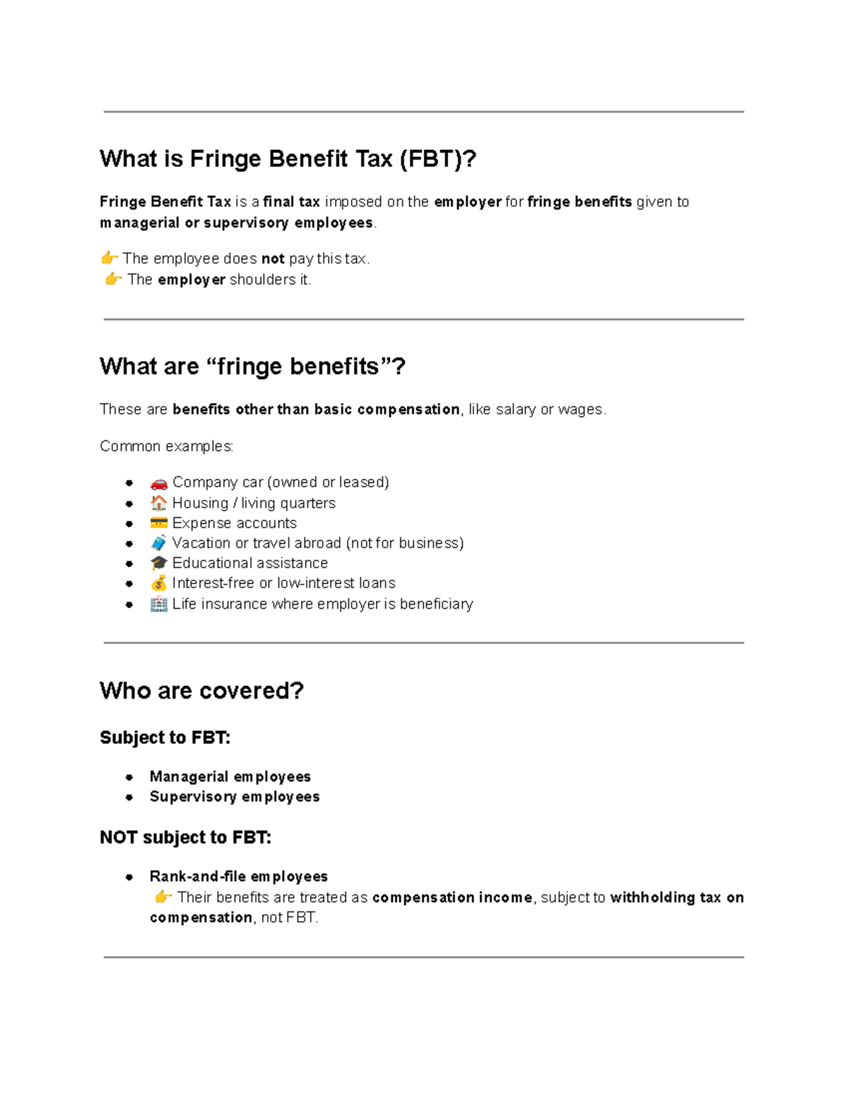 Fdsgtx - Final Exam Notes on Fringe Benefit Tax (FBT) - Studocu
