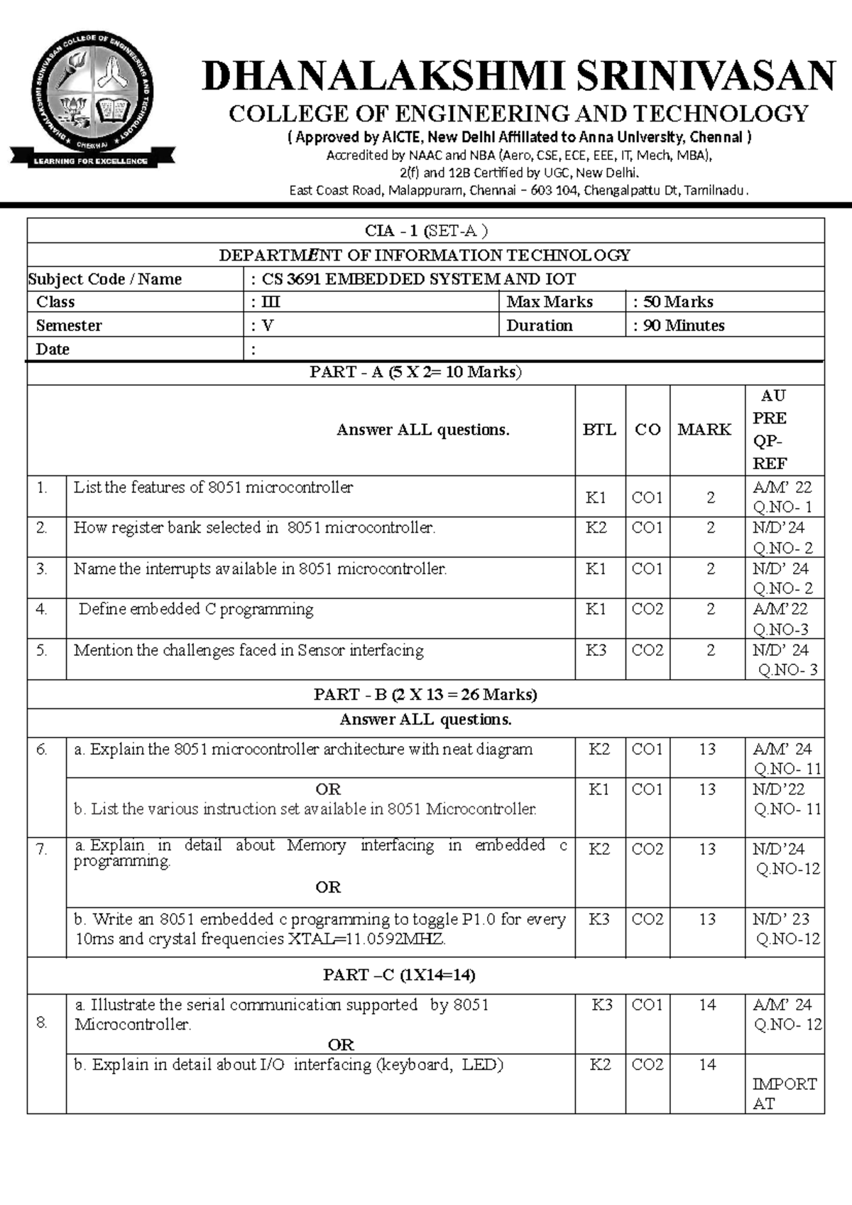 CS 3691 Embedded Systems & IoT: ESOT Question Bank - Studocu
