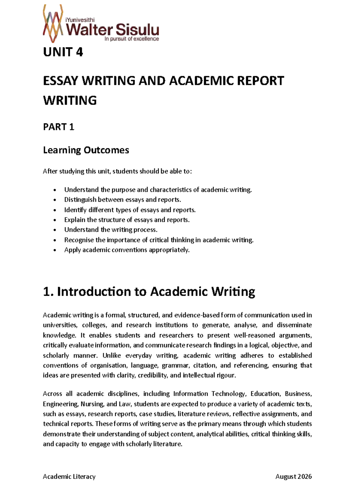 UNIT 4: Essay Writing and Academic Report Writing - Studocu